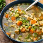 Bowl of vegan chicken noodle soup.