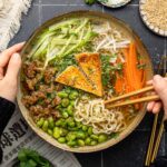 Vegan shoyu ramen with toppings.